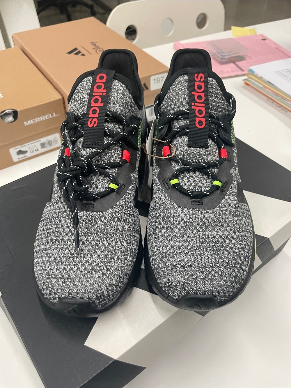 adidas Men’s Black & Gray Knit Sneakers with Red Logo and Neon Green Accents